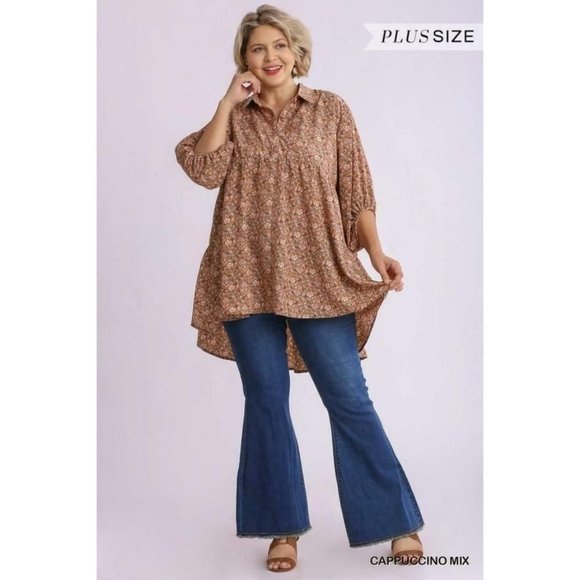 Umgee Plus Cappuccino Mixed Floral Print Tunic Top - Picture 2 of 5